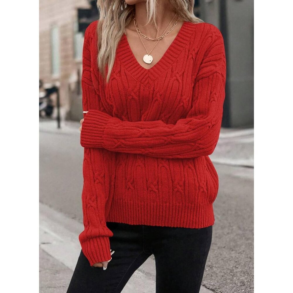 Women's Cable Knit Sweater V Neck Long Sleeve Casual Fall Outfit Lightweight - Picture 4 of 5